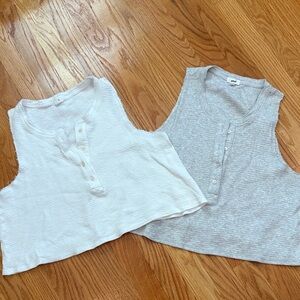 Two Aerie Ribbed Henley Crop Tank Tops - White & Light Gray